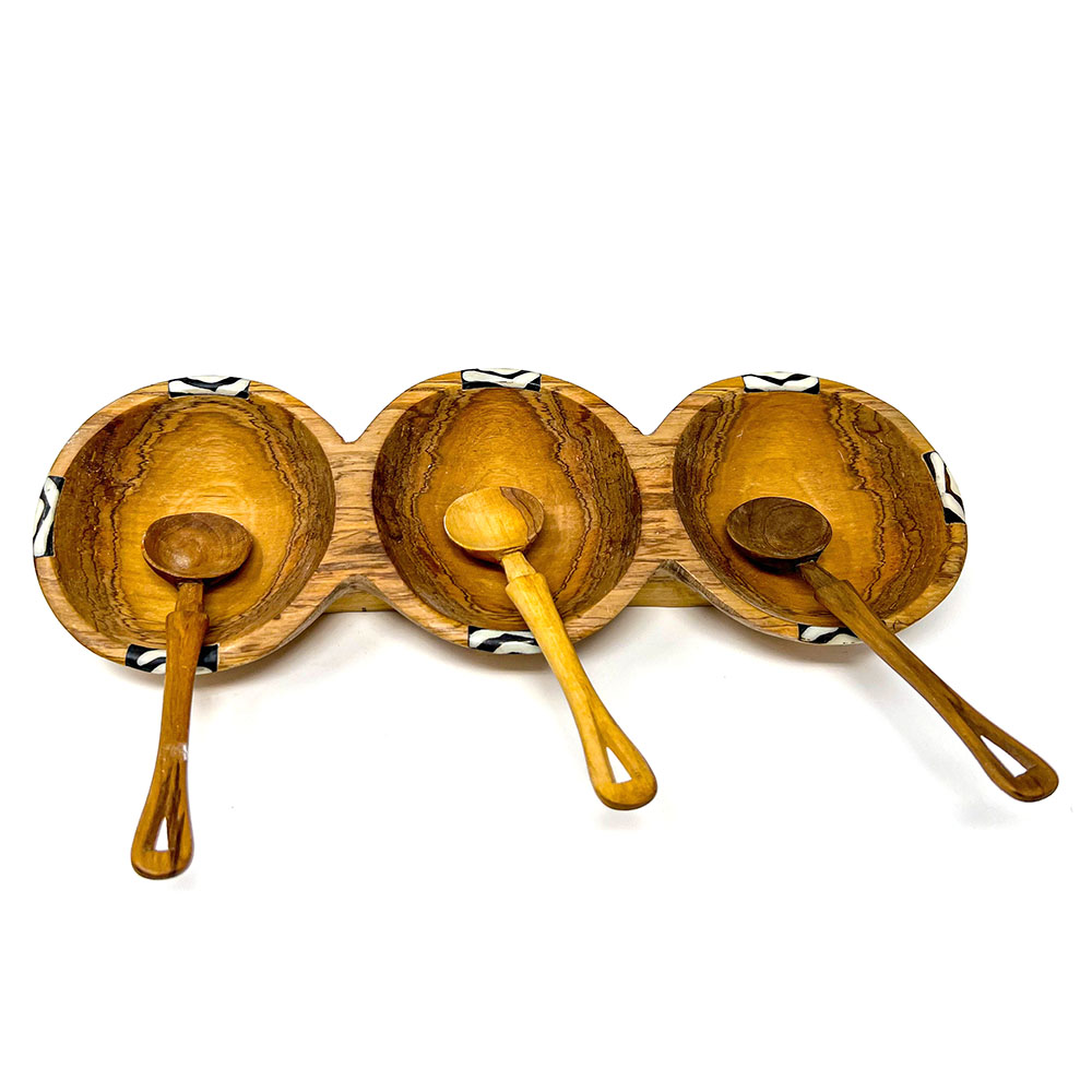 Olive Wood Batik Triple Bowl